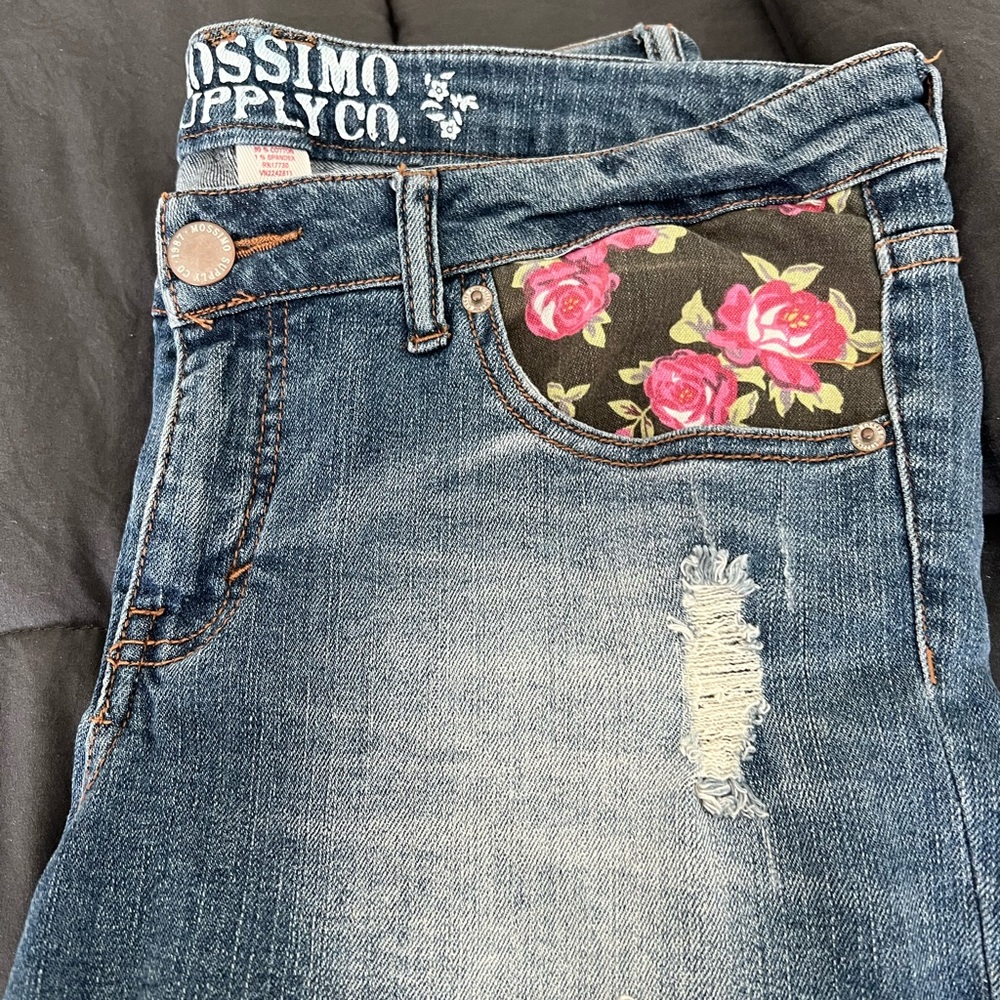 Mossimo Supply Co. Blue Skinny Jeans with Distressed Floral Design